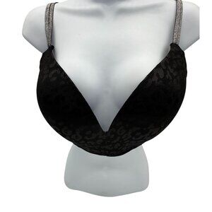 Bebe Womens Leopard Push-Up Bra Size 38DD Black Padded Glitter Sexy Lace Casual